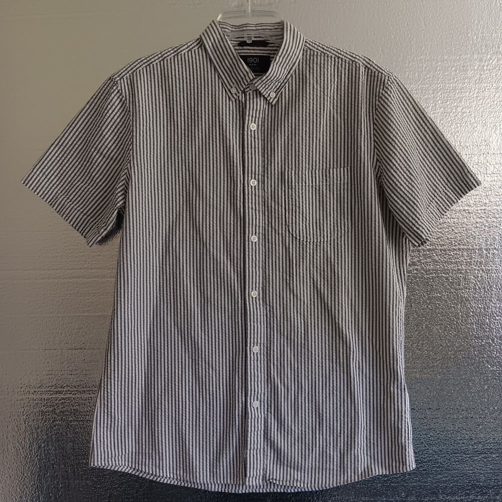 1901 Button Down Shirt Mens Large Blue White Seersucker Trim Fit Striped